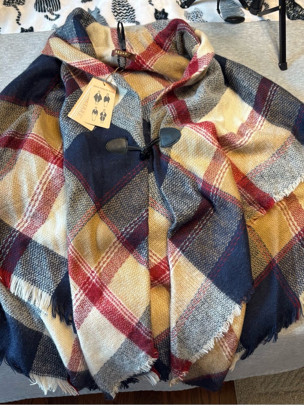 NWT ALTARE Plaid Poncho Wrap in Navy, Red, Cream